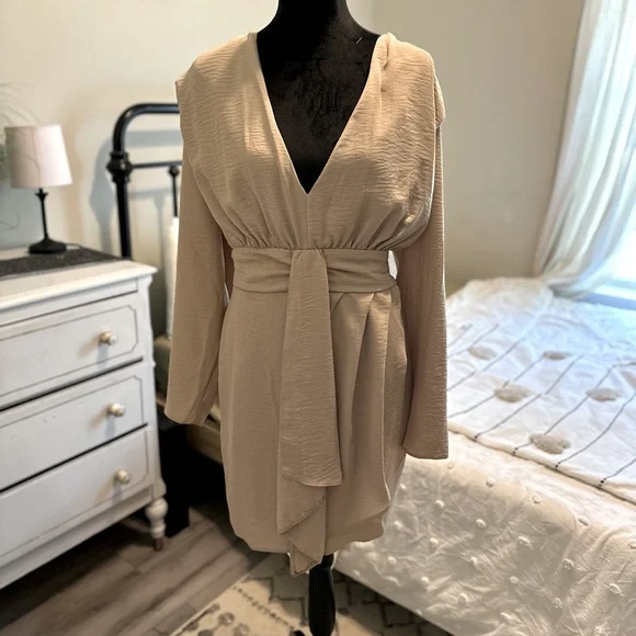 asos wrap dress with long sleeves ASOS DESIGN satin long sleeve wrap detail midaxi dress in khaki